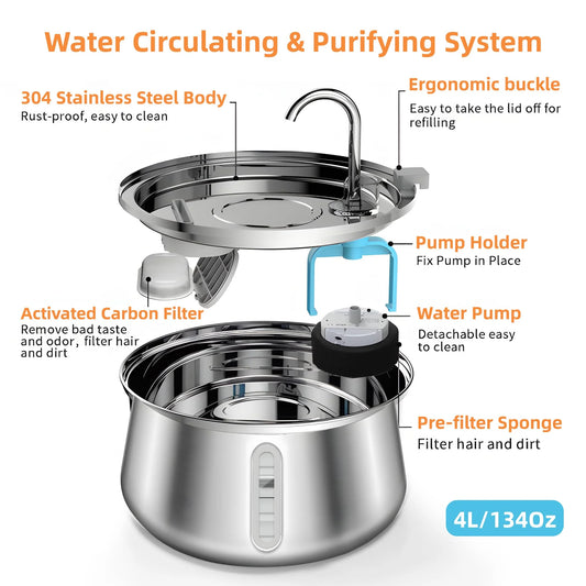 4L Stainless Dog Automatic Water Fountain Pet Water Fountain Multi-filter Cat Fountain Small and Medium Dog Water Feeder